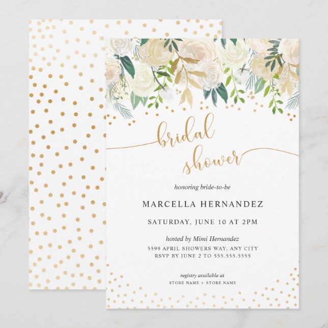 Floral blanca + ducha de novia dorada invitación (Anverso / Reverso)