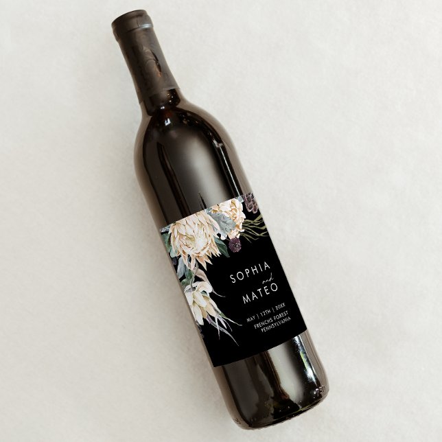 Floral blanca | Etiqueta de vino de Boda negro (Subido por el creador)