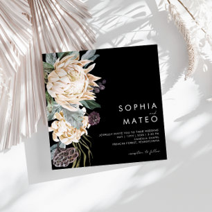 Floral blanca Invitación a la boda cuadrada negr