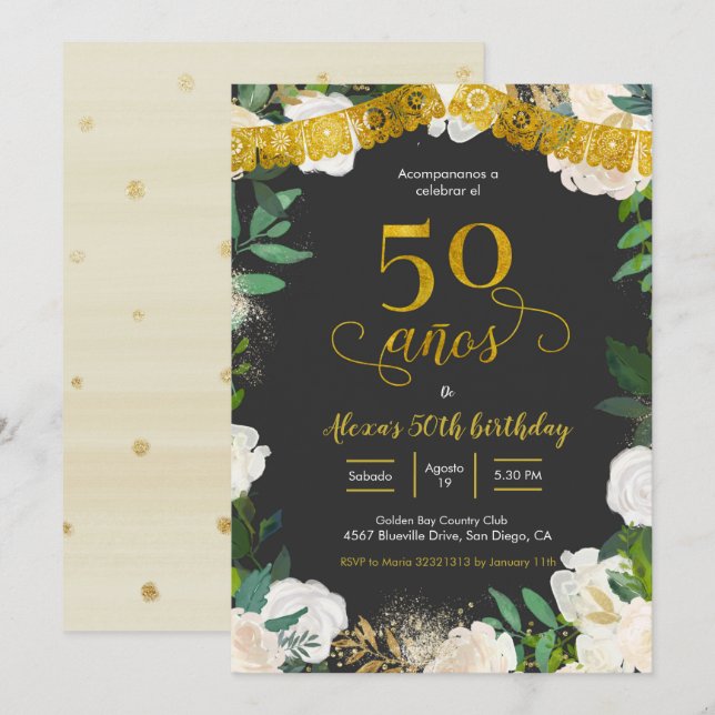 Floral blanca mexicana 50 añ os Invitación (Anverso / Reverso)