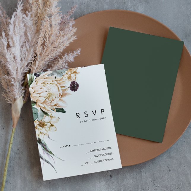Floral blanca | Tarjeta RSVP verde oscuro (Subido por el creador)