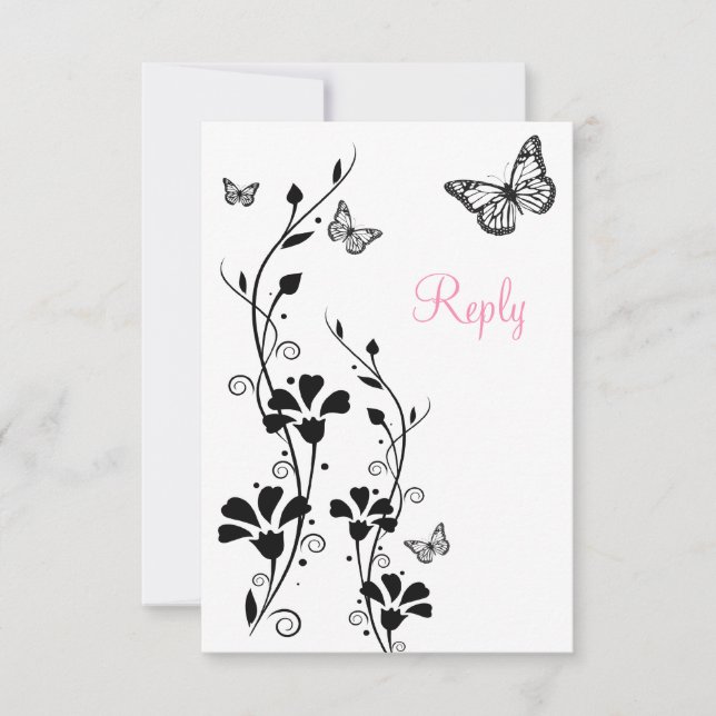 Floral blanca y negra con tarjeta de respuesta de  (Anverso)