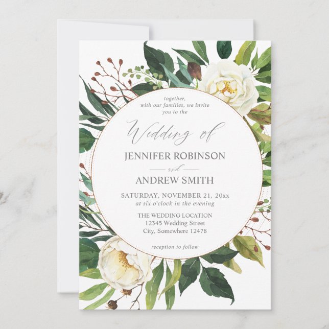 Floral blanca y vegetación 2 Invitación a la boda (Anverso)