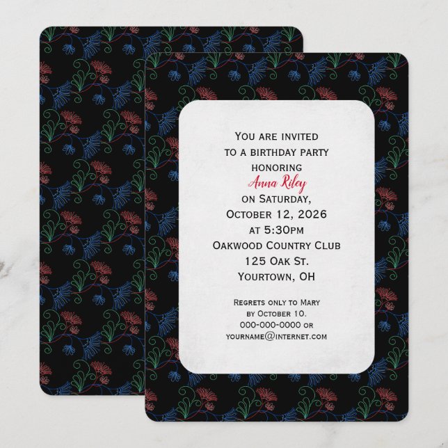 floral bling en la invitación de cumpleaños negro (Anverso / Reverso)