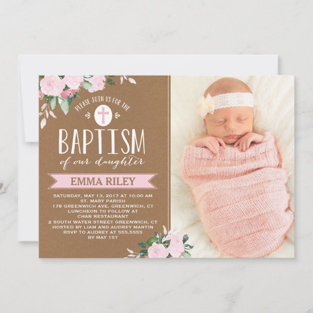 Floral Blooms Kraft | Invitación al bautismo de un (Anverso)