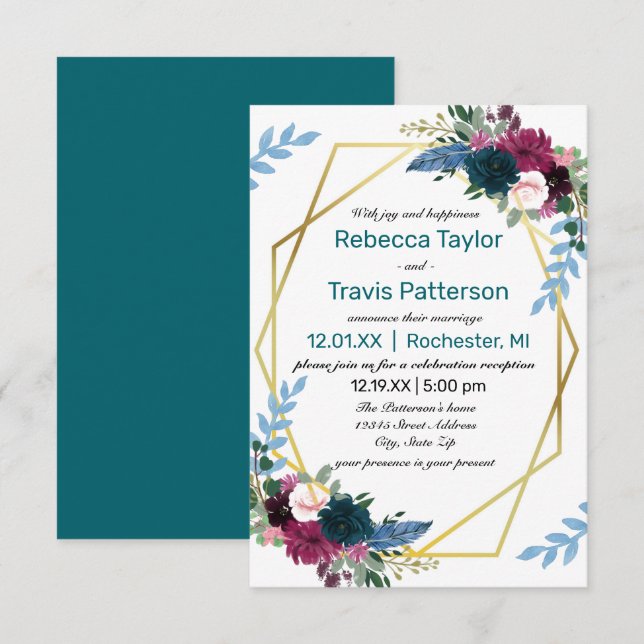 Floral Blooms Mod Azul Teal -3x5 Anuncio de Boda/R (Anverso / Reverso)