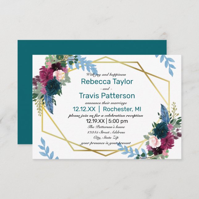 Floral Blooms Mod Azul Teal -3x5 Anuncio de Boda/R (Anverso / Reverso)