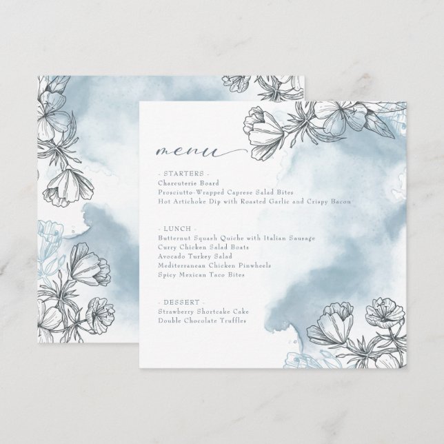 Floral Blue Bridal Shower Menú plano (Anverso / Reverso)
