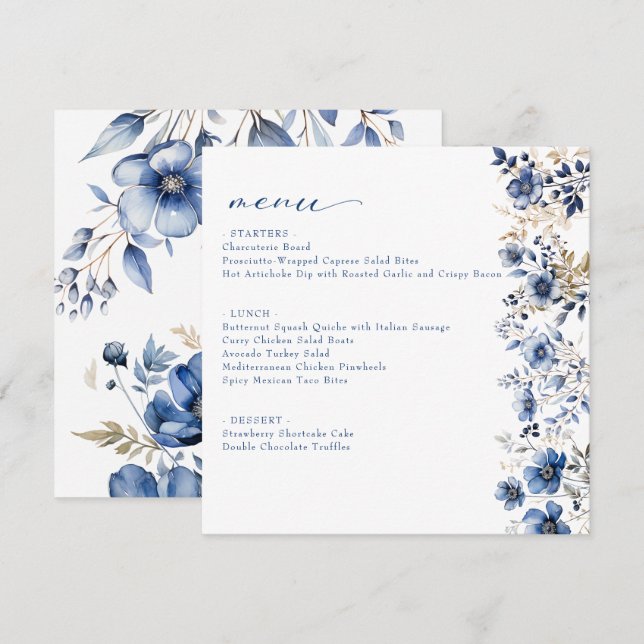 Floral Blue Bridal Shower Menú plano (Anverso / Reverso)