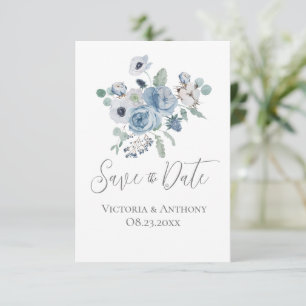Floral Blue Script Boda moderna Guardar la fecha