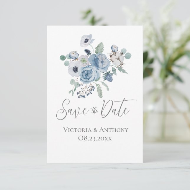 Floral Blue Script Boda moderna Guardar la fecha (Anverso de pie)