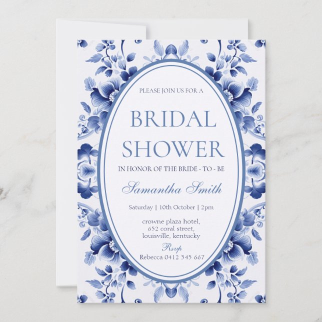 Floral Blue Toile De Jouy Bridal Shower Invitación (Anverso)