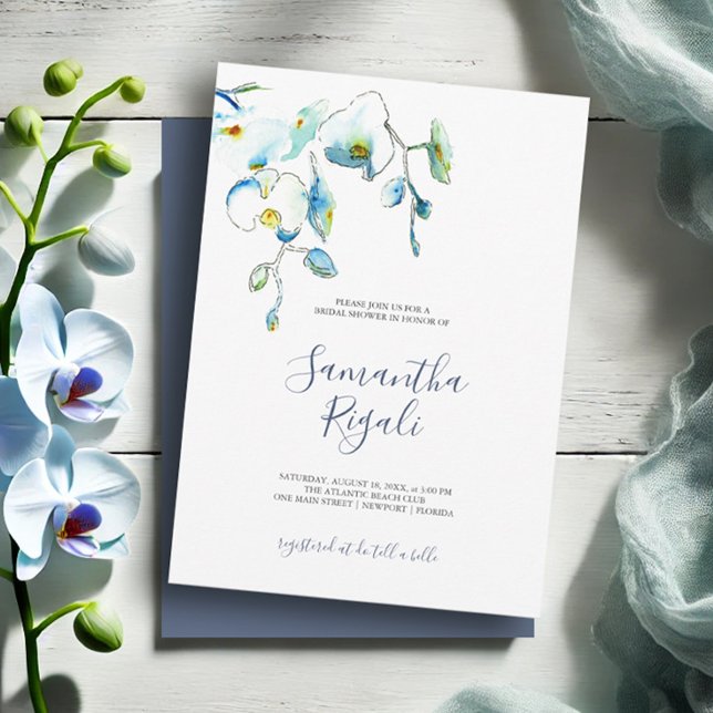 Floral Blue Watercolor Botánica Bridal Shower (Bridal shower invitations watercolor blue orchid flowers by Victoria Grigaliunas Do Tell A Belle)