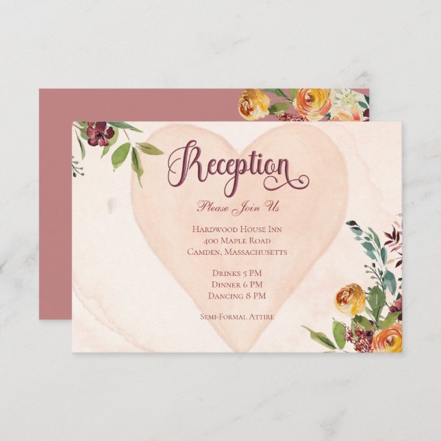 Floral Boho Heart Peach Wedding Recepción (Anverso / Reverso)