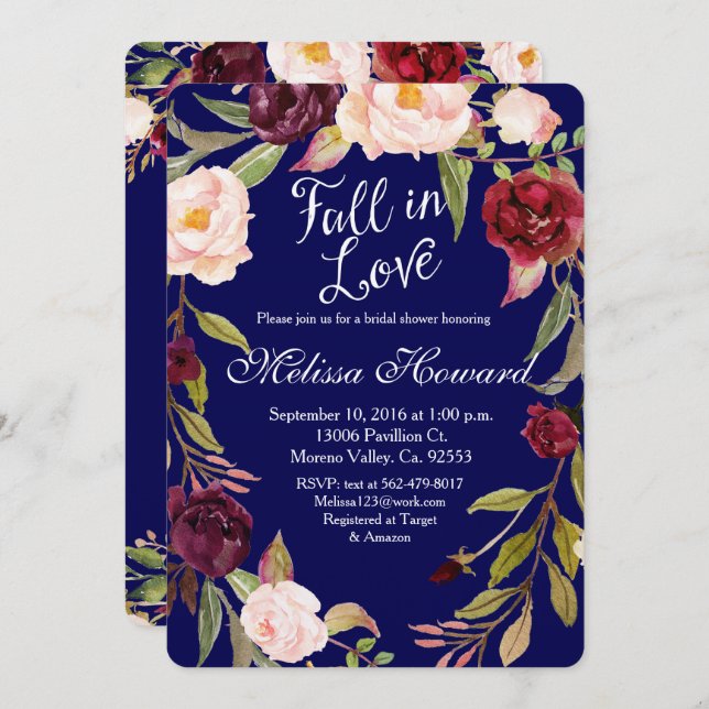 Floral Boho Navy Blue Bridal Ducha Invitación (Anverso / Reverso)