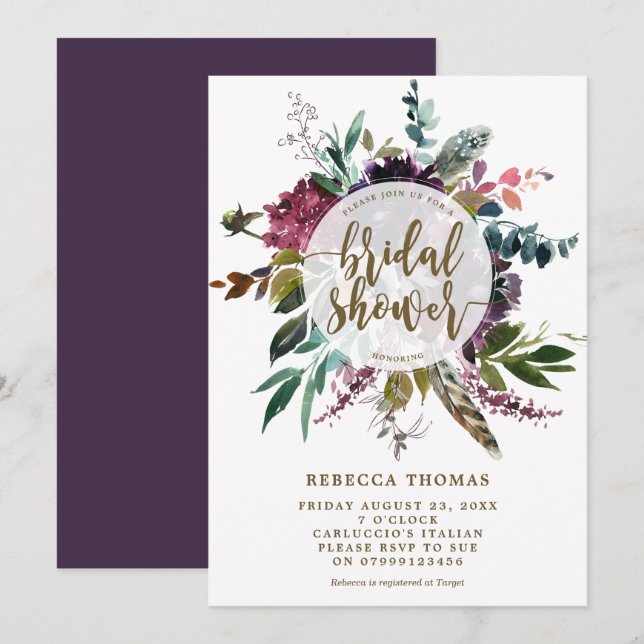 floral boho plumas invitación a la ducha de novia (Anverso / Reverso)