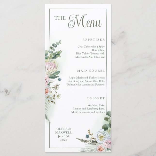 Floral Boho Sage Green Boda Menu (Anverso)
