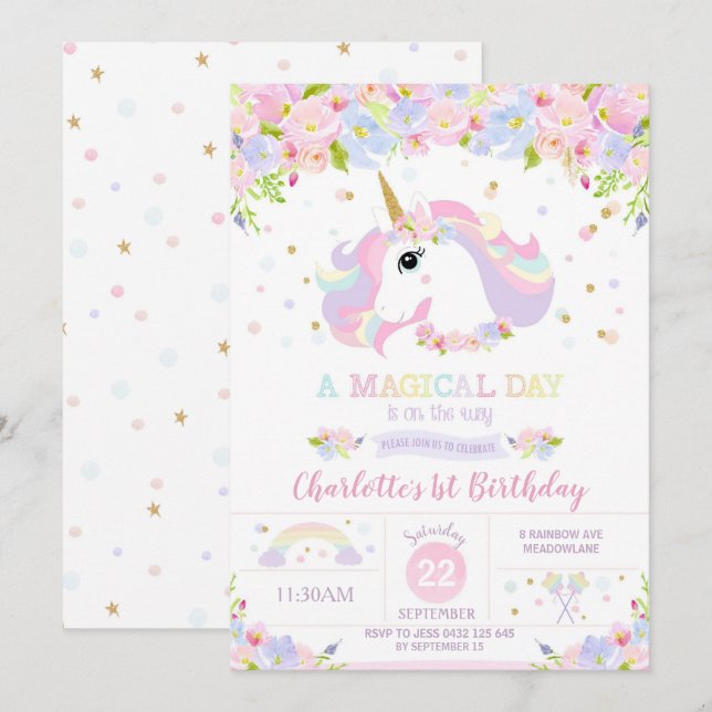 Floral Bonito de invitación a cumpleaños de Rainbo (Anverso / Reverso)