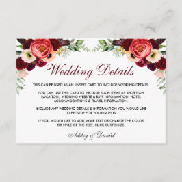 Floral Borgoña Boho Boda Detalles Insertar Tarjeta