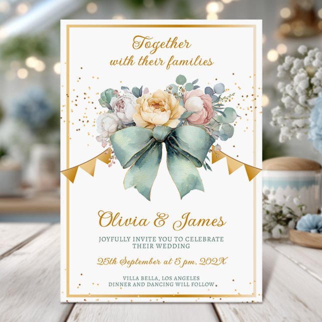 Floral Bouquet Green bow Gold Wedding Invitación (Subido por el creador)