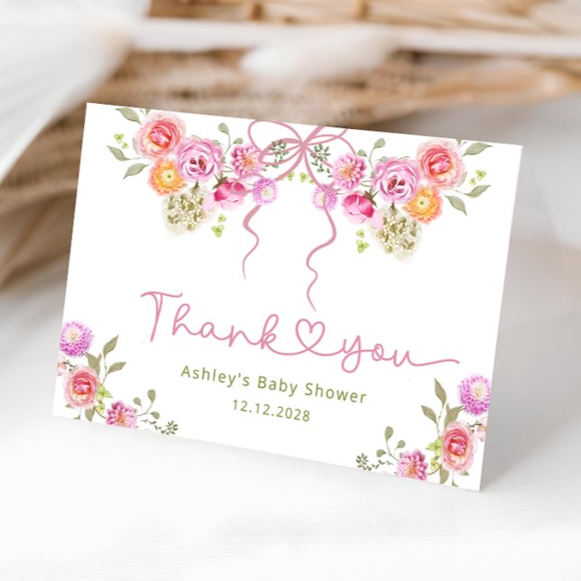 Floral Bow Pink Baby Shower Tarjeta de agradecimie (Subido por el creador)
