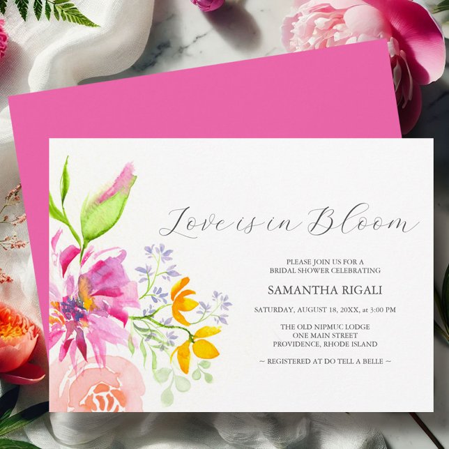 Floral Bridal Shower Invitaciones El amor está en  (Love is in bloom bridal shower invitations watercolor art by Victoria Grigaliunas of Do Tell A Belle)