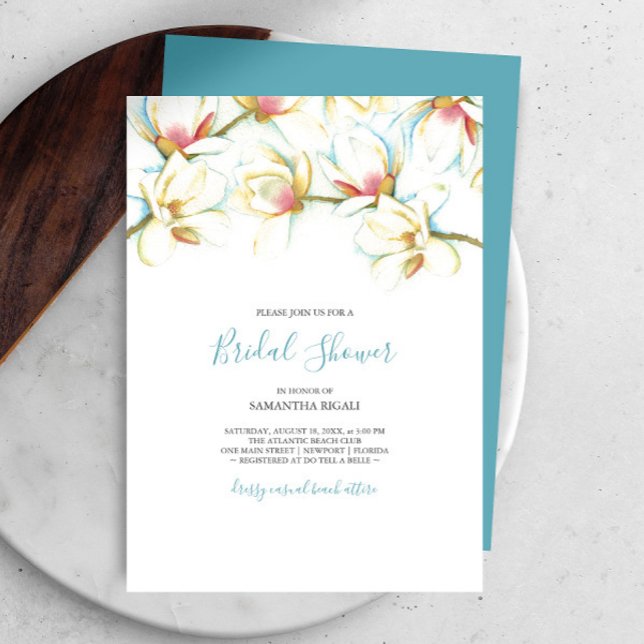 Floral Bridal Shower White Magnolia Watercolor (Bridal shower invitations watercolor white magnolia flowers art by Victoria Grigaliunas DoTellABelle)