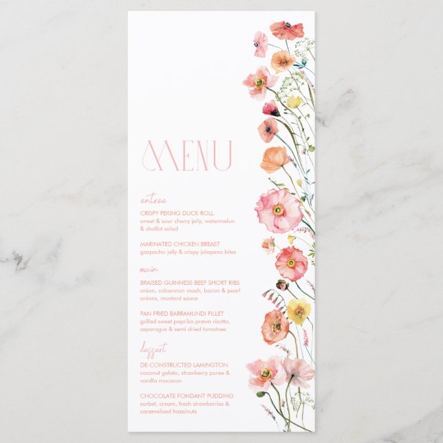 Floral Bridal Shower Wildflower Poppies Menú (Anverso)