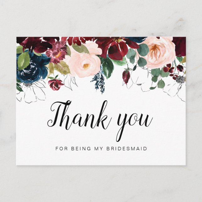 Floral Bridesmaid Gracias tarjeta (Anverso)