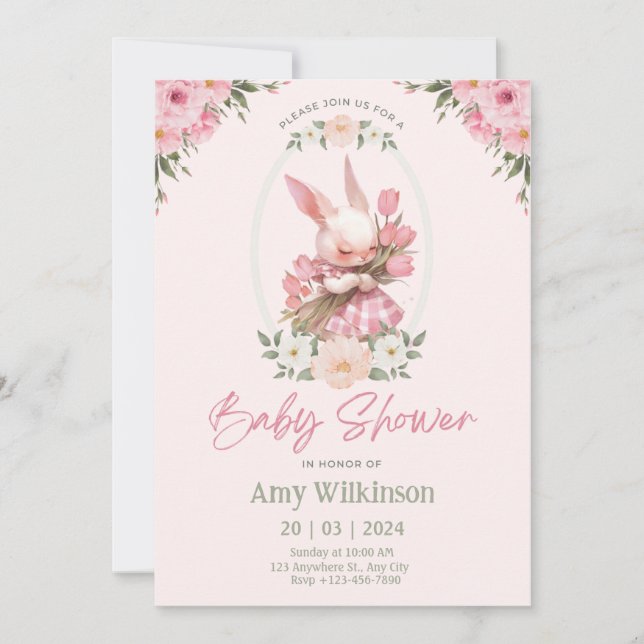 Floral Bunny Babyducha Invitación Preppy (Anverso)