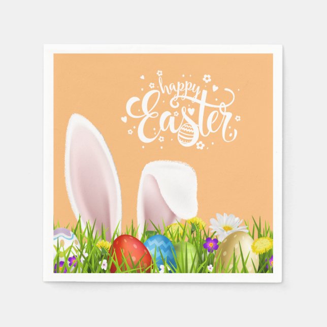 Floral Bunny Ears Happy Easter | Servilleta de pap (Anverso)