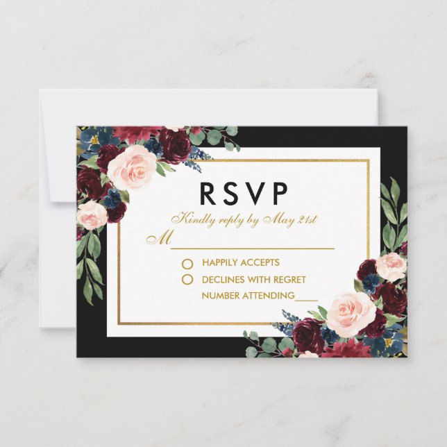 Floral Burgundy Blue Black Gold Wedding RSVP (Anverso)