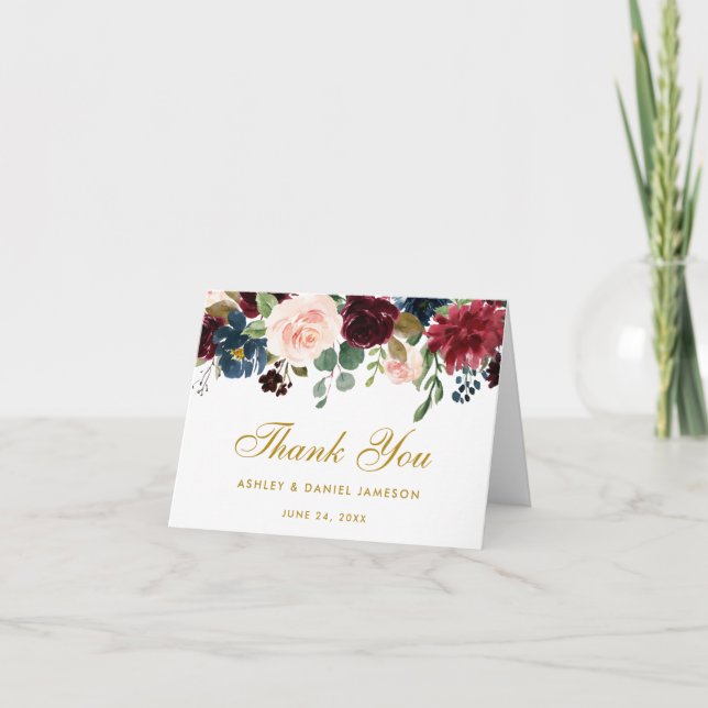 Floral Burgundy Blue Boda Gold Tarjeta de Nota de  (Anverso)