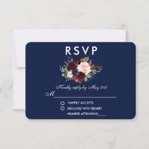 Floral Burgundy Blue Wedding RSVP