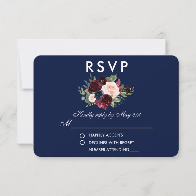 Floral Burgundy Blue Wedding RSVP (Anverso)