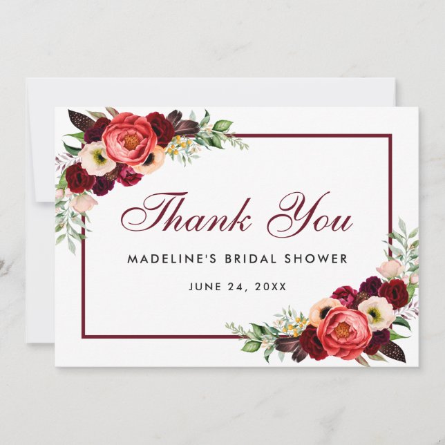 Floral Burgundy Boho Bridal Shower Gracias Tarjeta (Anverso)