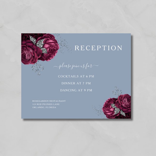 Floral Burgundy Dusty Blue Wedding Recepción (Floral Burgundy Dusty Blue Wedding Reception Enclosure Card)