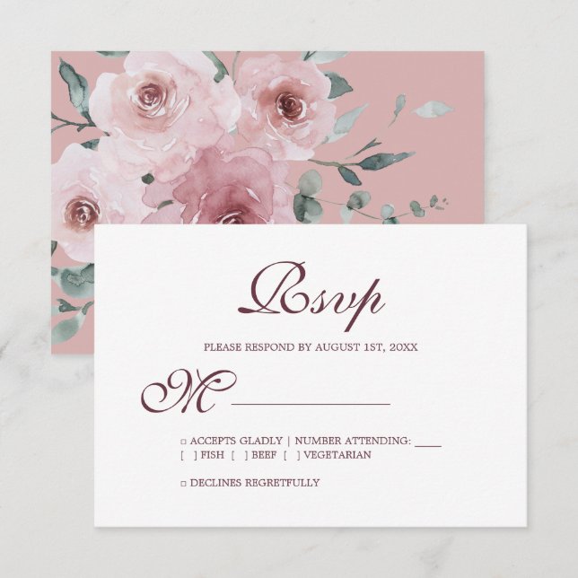 Floral Burgundy Dusty Boda Rosa Rosa Rosa RSVP (Anverso / Reverso)