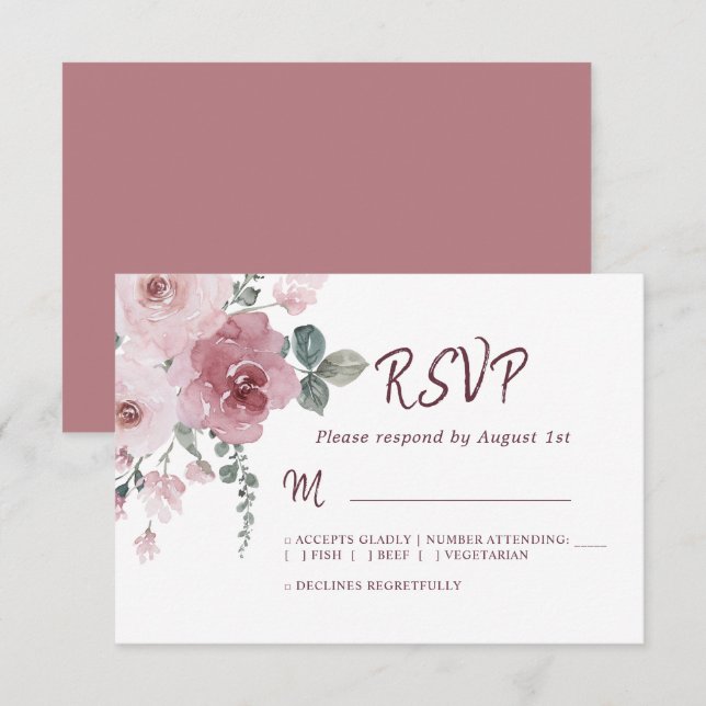Floral Burgundy Dusty Boda Rosa Rosa Rosa RSVP (Anverso / Reverso)