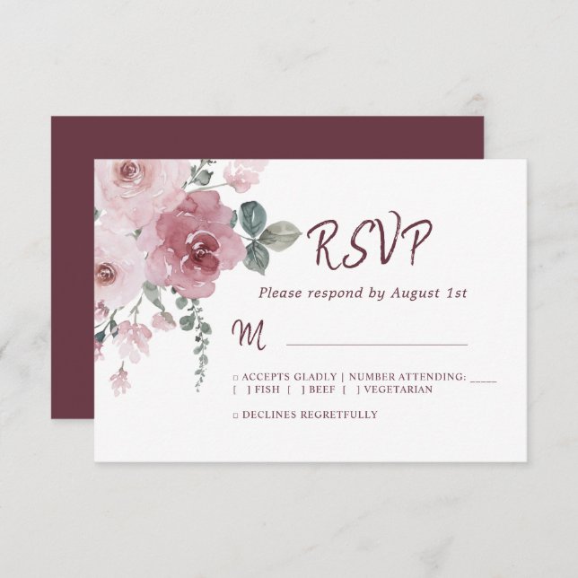 Floral Burgundy Dusty Boda Rosa Rosa Rosa RSVP (Anverso / Reverso)