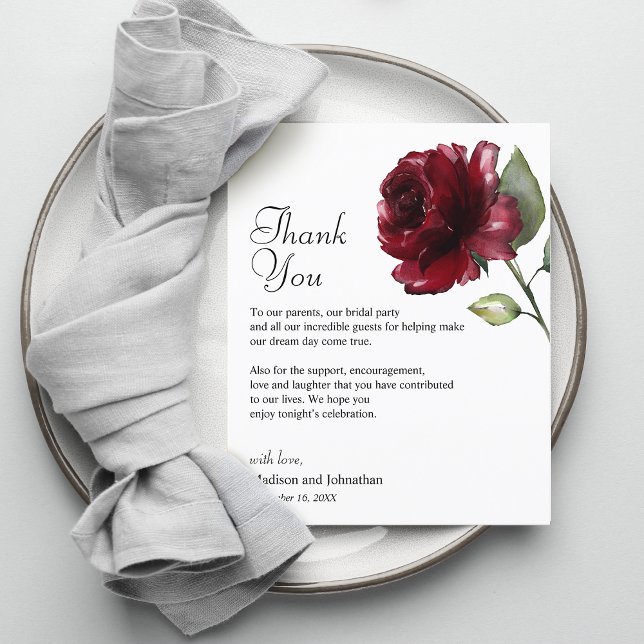 Floral Burgundy Gracias Tarjeta De Recepción De Bo (Floral Burgundy Thank You Wedding Reception Card)