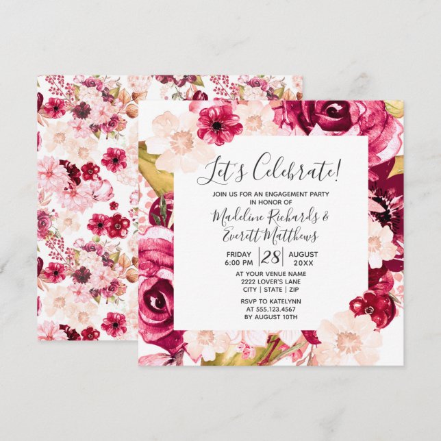 Floral Celebremos la invitación a la fiesta de com (Anverso / Reverso)