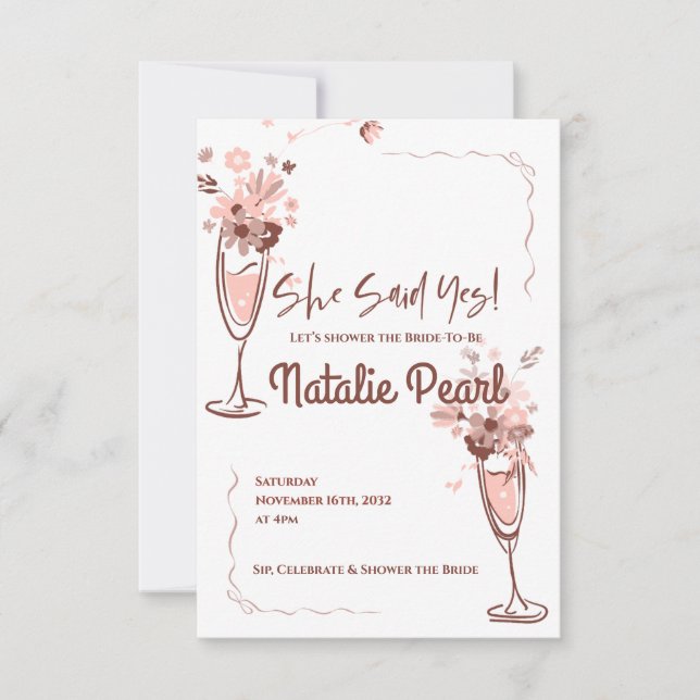 Floral Champagne She Said Yes Bridal Shower Invite (Anverso)