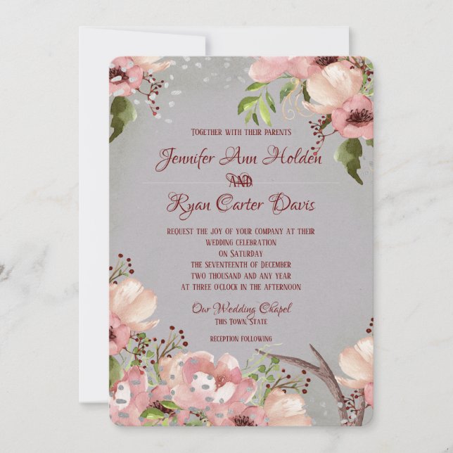 Floral con Antlers Invitación a la boda acuarela (Anverso)