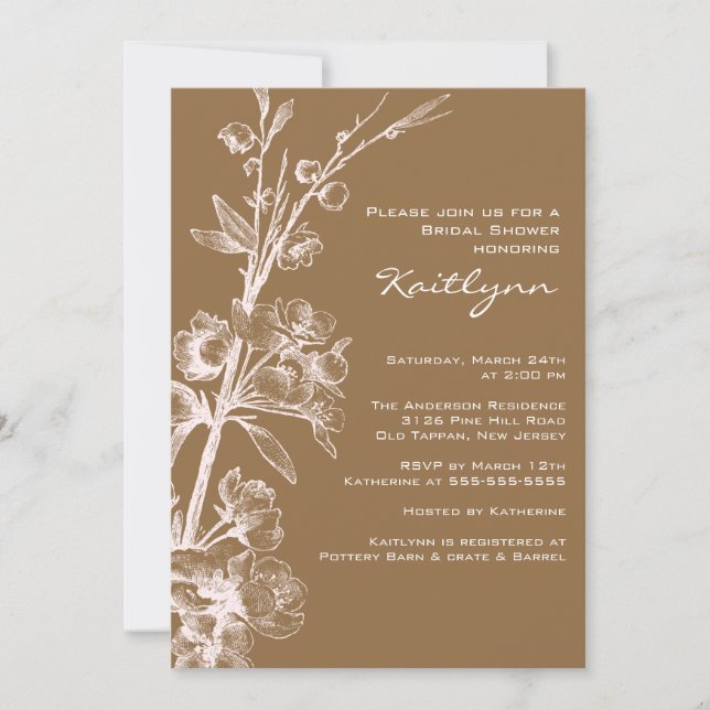 Floral crema en la invitación a la ducha marrón (Anverso)