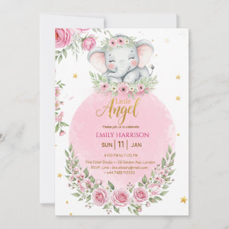Floral Cute Elephant Girl Baby Shower Invitation