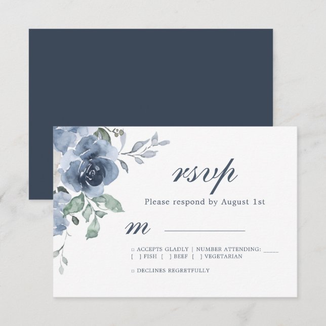 Floral Dark Blue Marfil Rosa Boda RSVP (Anverso / Reverso)