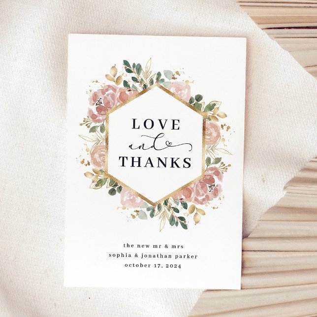 Floral de acuarela neutra | Amor y agradecimiento (An elegant wedding thank you card with faux gold accents, and your photo on the back)