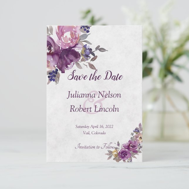 Floral de acuarela violeta guardar la invitación d (Anverso de pie)