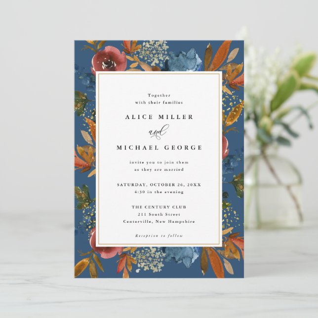 Floral de boho de la marina y el óxido, invitación (Anverso de pie)